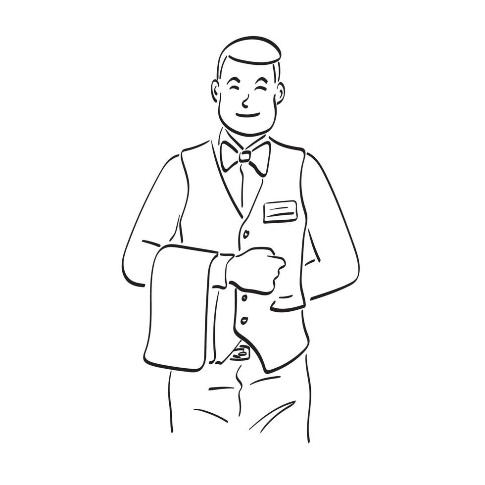 camarero masculino sonriente en esmoquin y servilleta ilustración vector dibujado a mano aislado en el arte de línea de fondo blanco.