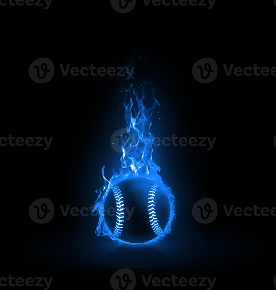 baseball ball on light blue flames on black background. 3d render photo