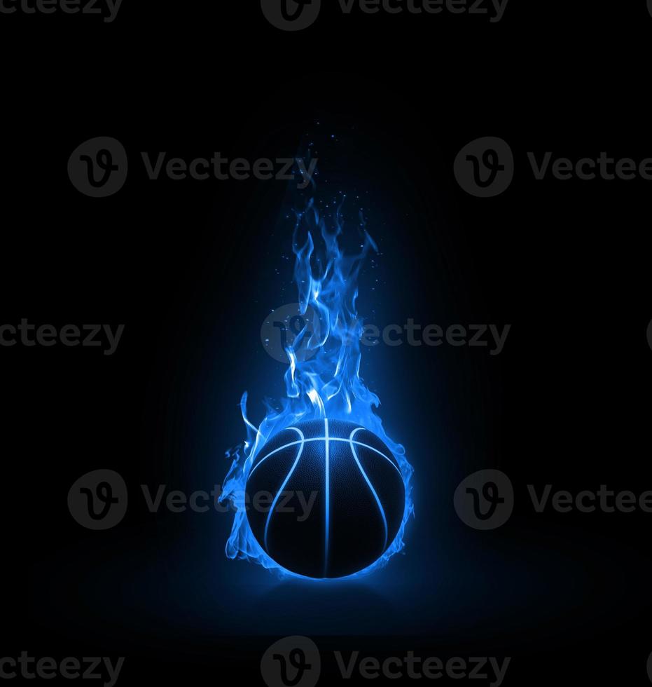 Basketball on light blue flames on black background. 3d render photo