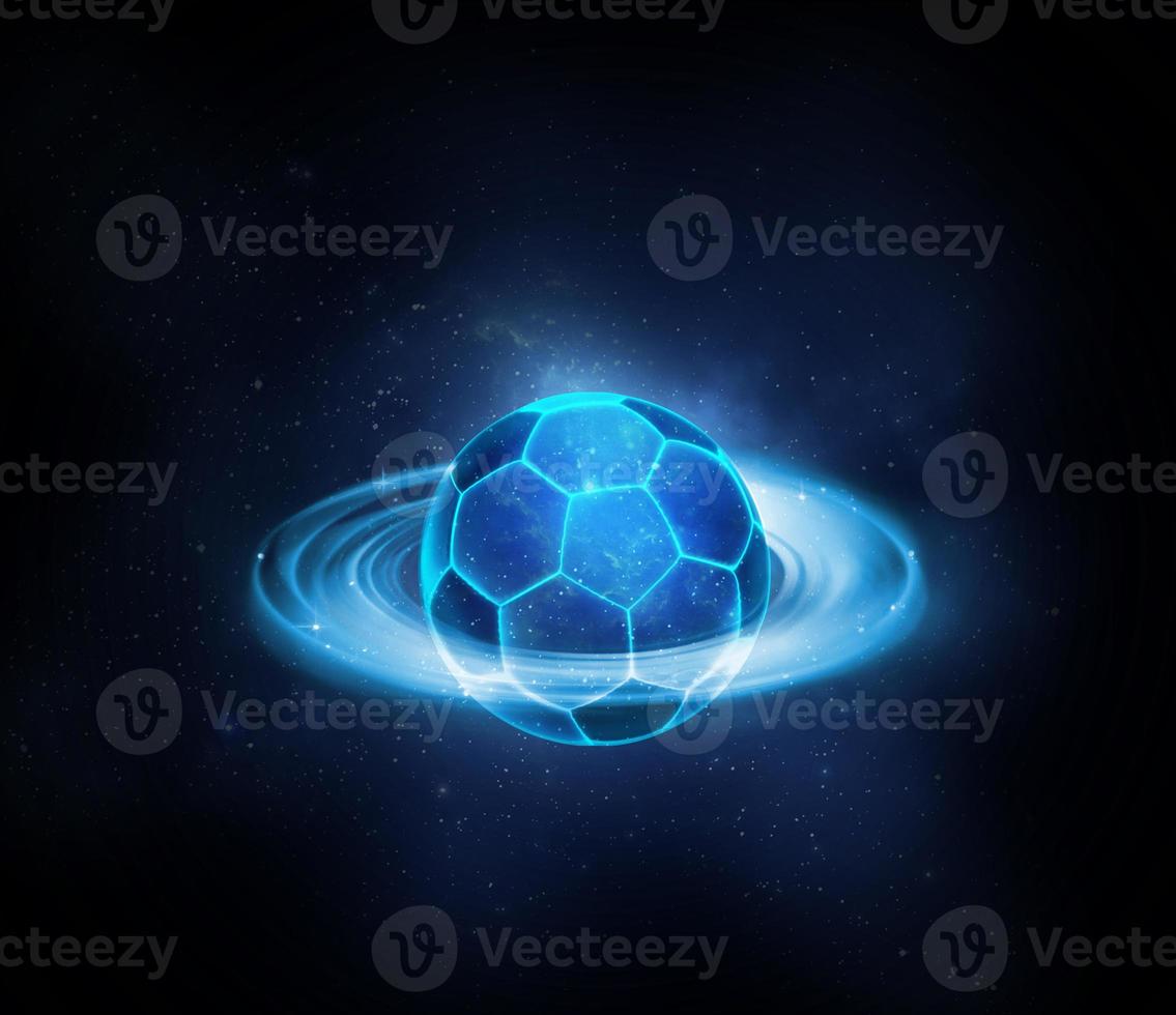 Soccer ball with futuristic blue glowing neon lights. ball game concept photo