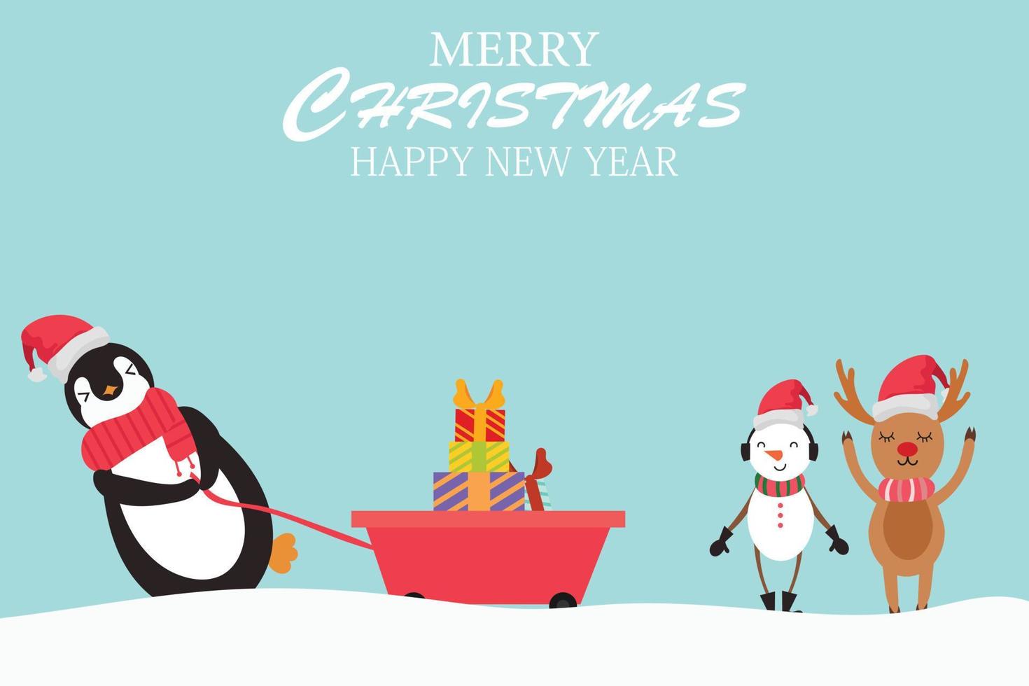 feliz navidad y feliz año nuevo con lindos renos, vector de personaje de dibujos animados de pingüinos de muñeco de nieve.