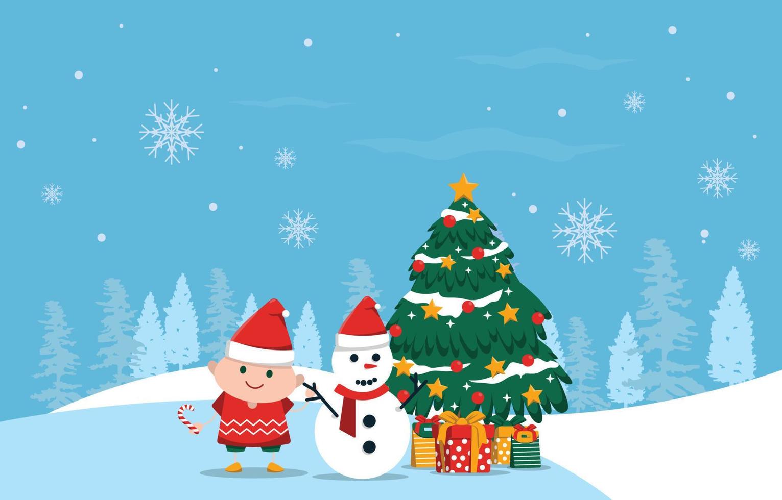 Kid Playing Snowman Pine Tree Winter Christmas Illustration vector