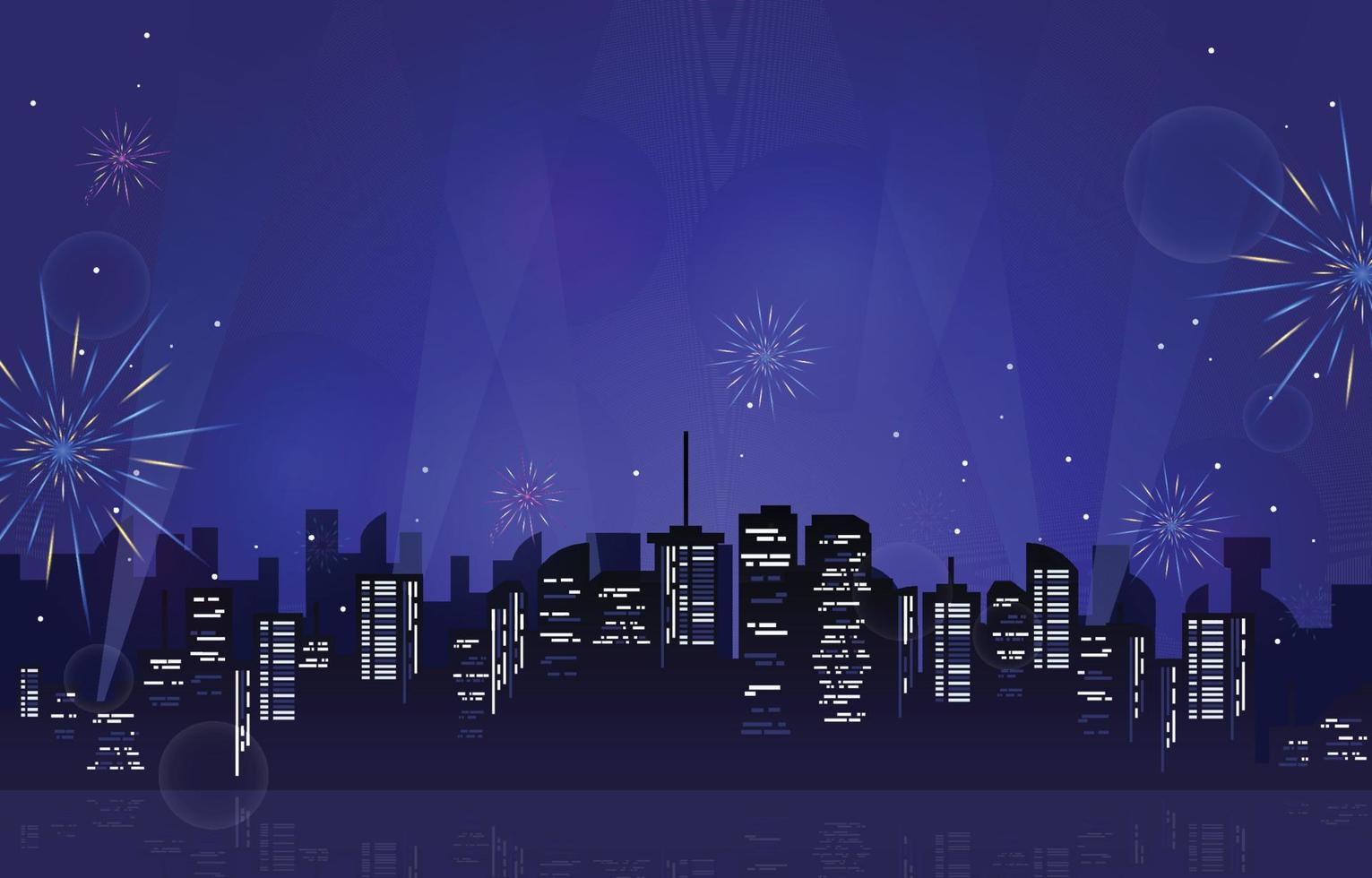 Happy New Year City Building Cityscape Fireworks Water Reflection vector