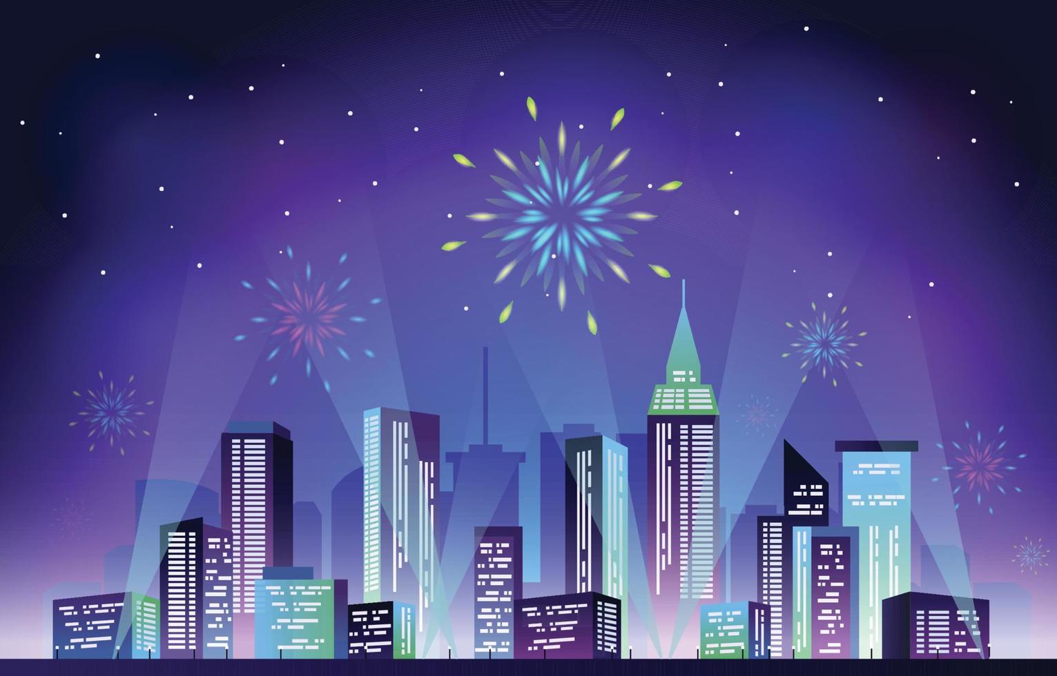 feliz año nuevo ciudad edificio paisaje urbano fuegos artificiales fiesta vector