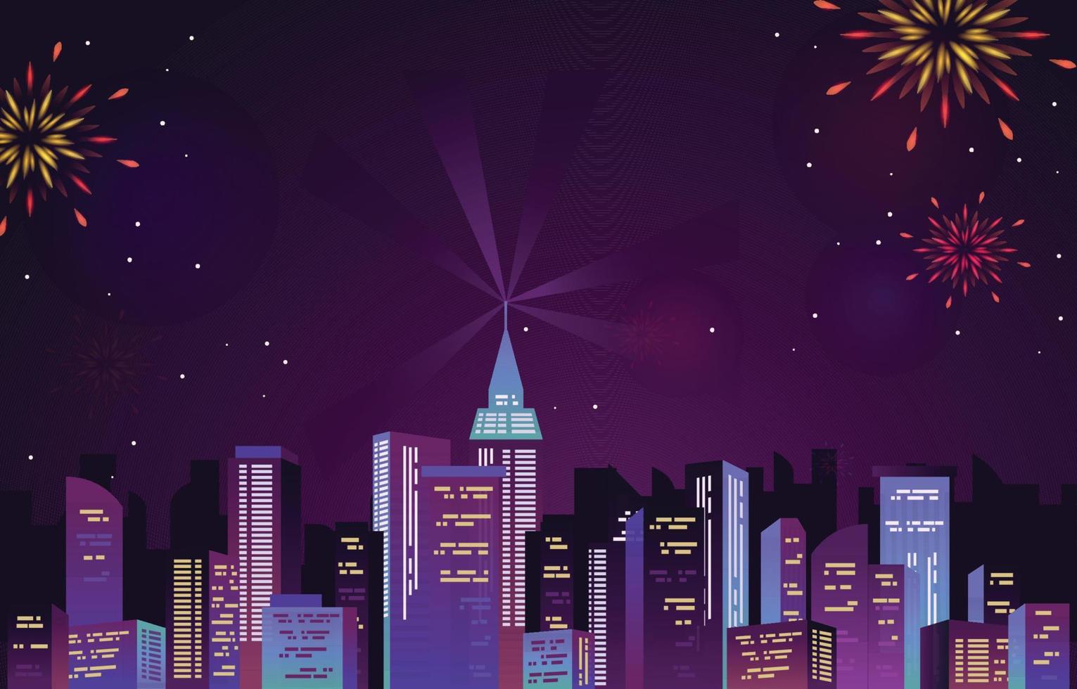 Happy New Year City Building Cityscape Fireworks Party vector