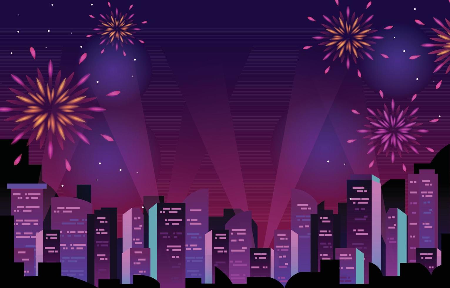 feliz año nuevo ciudad edificio paisaje urbano fuegos artificiales fiesta vector