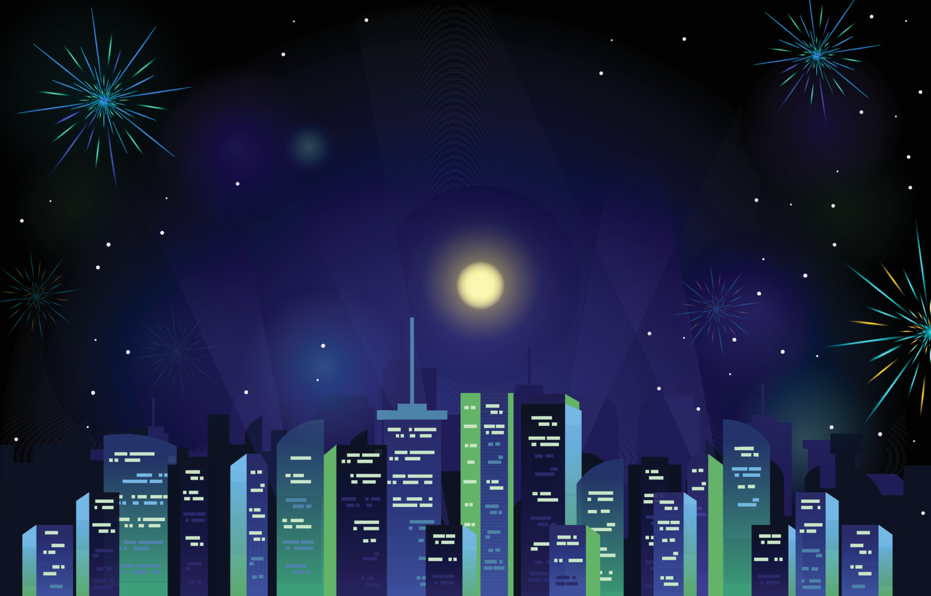 Happy New Year City Building Cityscape Fireworks Full Moon 14441907