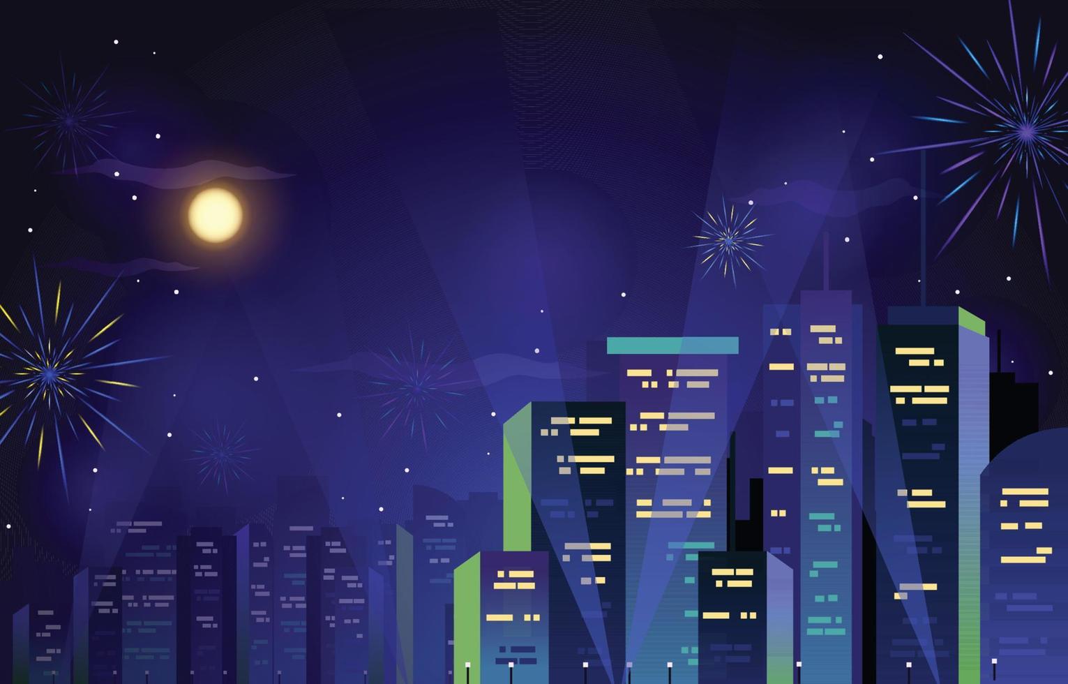 Happy New Year City Building Cityscape Fireworks Full Moon vector