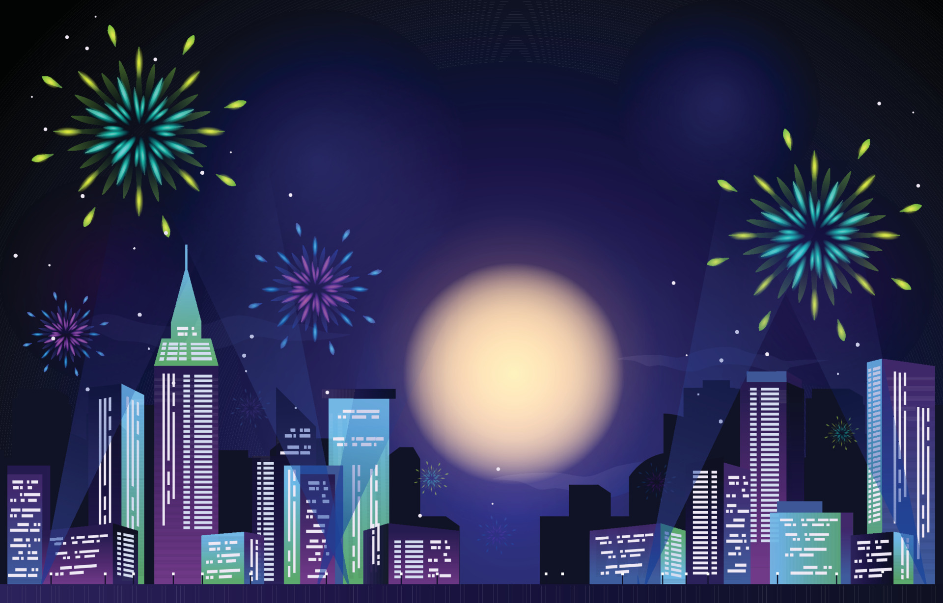 Happy New Year City Building Cityscape Fireworks Full Moon 14441910