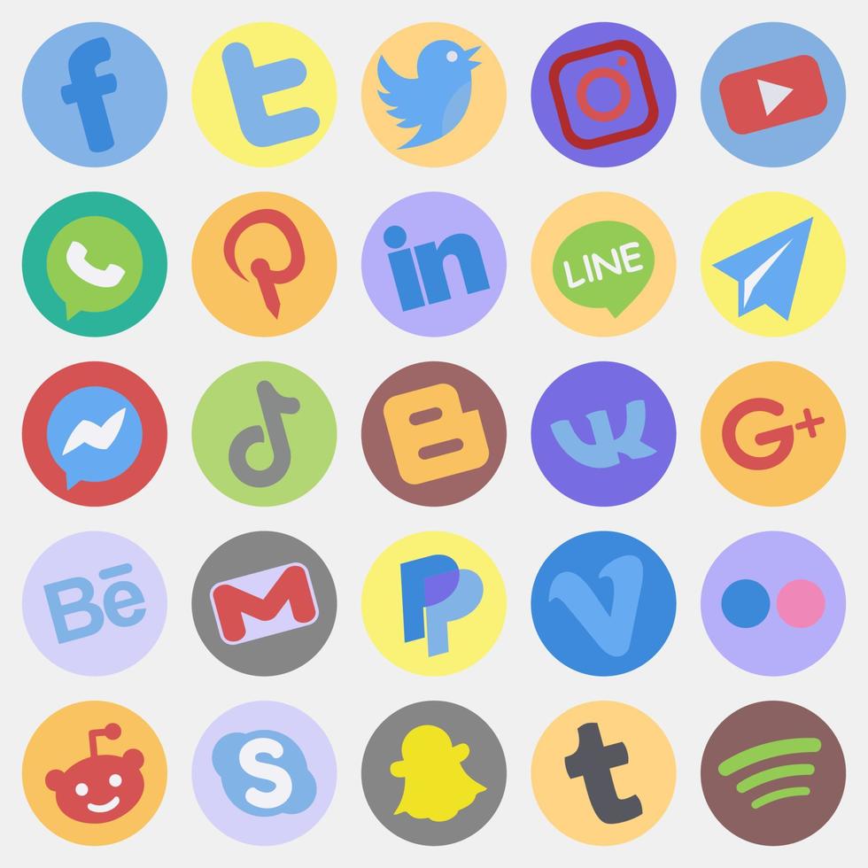 Icon set social media elements, logos, and symbol. Icons in color mate style. Good for prints, posters, advertisement, business card, website, etc. vector