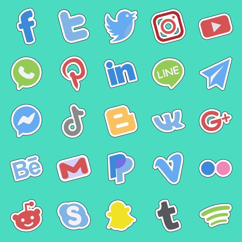 la línea de pegatinas establece las redes sociales. elementos, logotipos y símbolos de las redes sociales. bueno para impresiones, carteles, anuncios, tarjetas de visita, sitios web, etc. vector