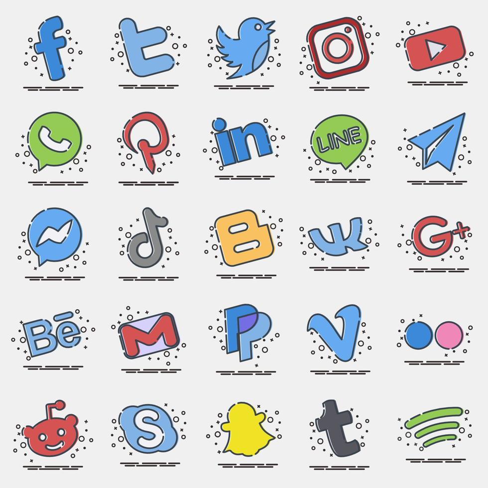 conjunto de iconos de redes sociales. elementos, logotipos y símbolos de las redes sociales. iconos en estilo mbe. bueno para impresiones, carteles, anuncios, tarjetas de visita, sitios web, etc. vector