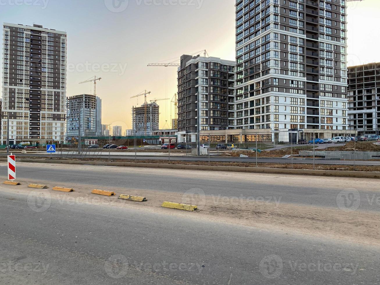 New large beautiful modern microdistrict with high buildings in new buildings in the city of the megalopolis photo
