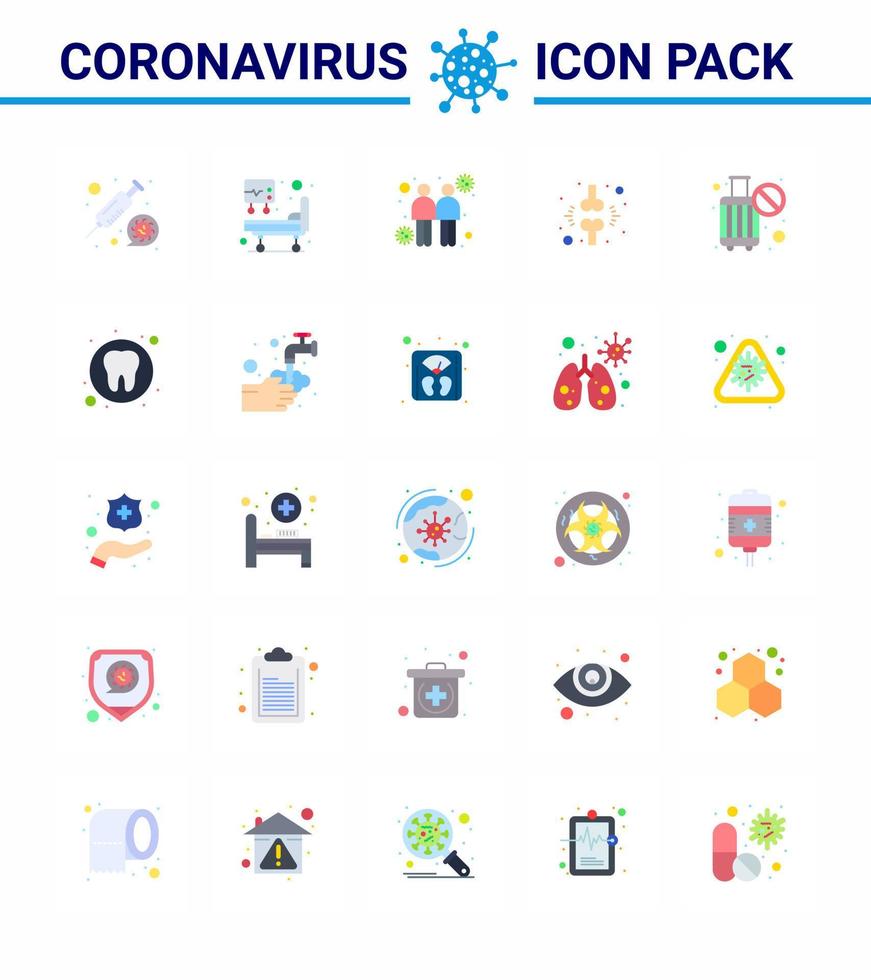 Paquete de 25 iconos de coronavirus covid19 de color plano, como cancelar la propagación del paciente freno lesionado coronavirus viral 2019nov elementos de diseño del vector de enfermedad