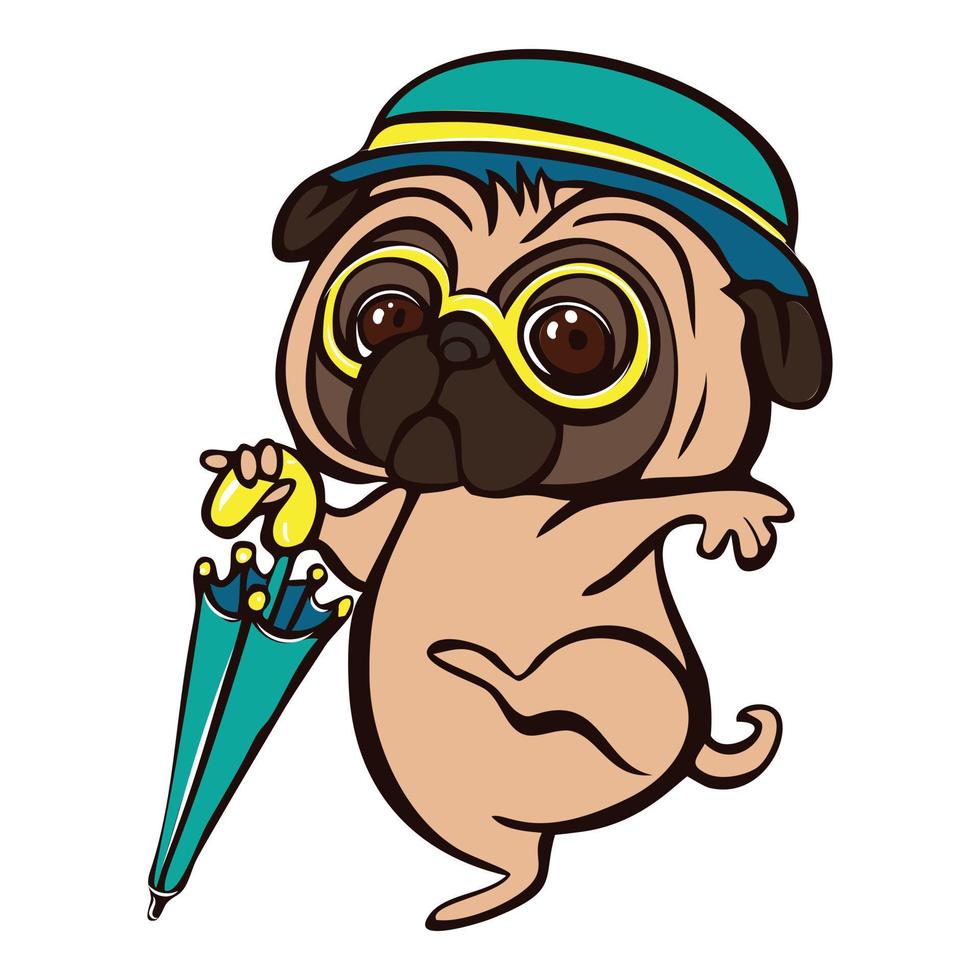 Pug con icono de paraguas, estilo de dibujos animados vector