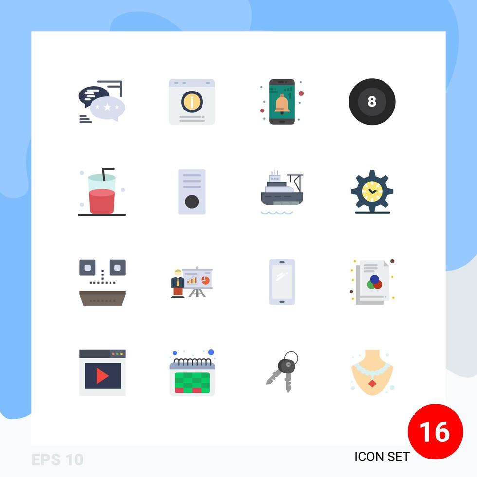 grupo de 16 signos y símbolos de colores planos para billar de vidrio notificación de bola de ayuda paquete editable de elementos creativos de diseño de vectores