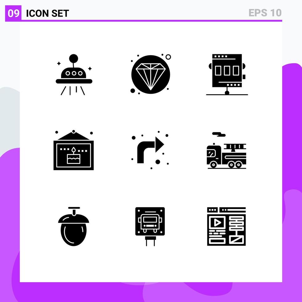 Mobile Interface Solid Glyph Set of 9 Pictograms of up arrows chronometer picture celebration Editable Vector Design Elements