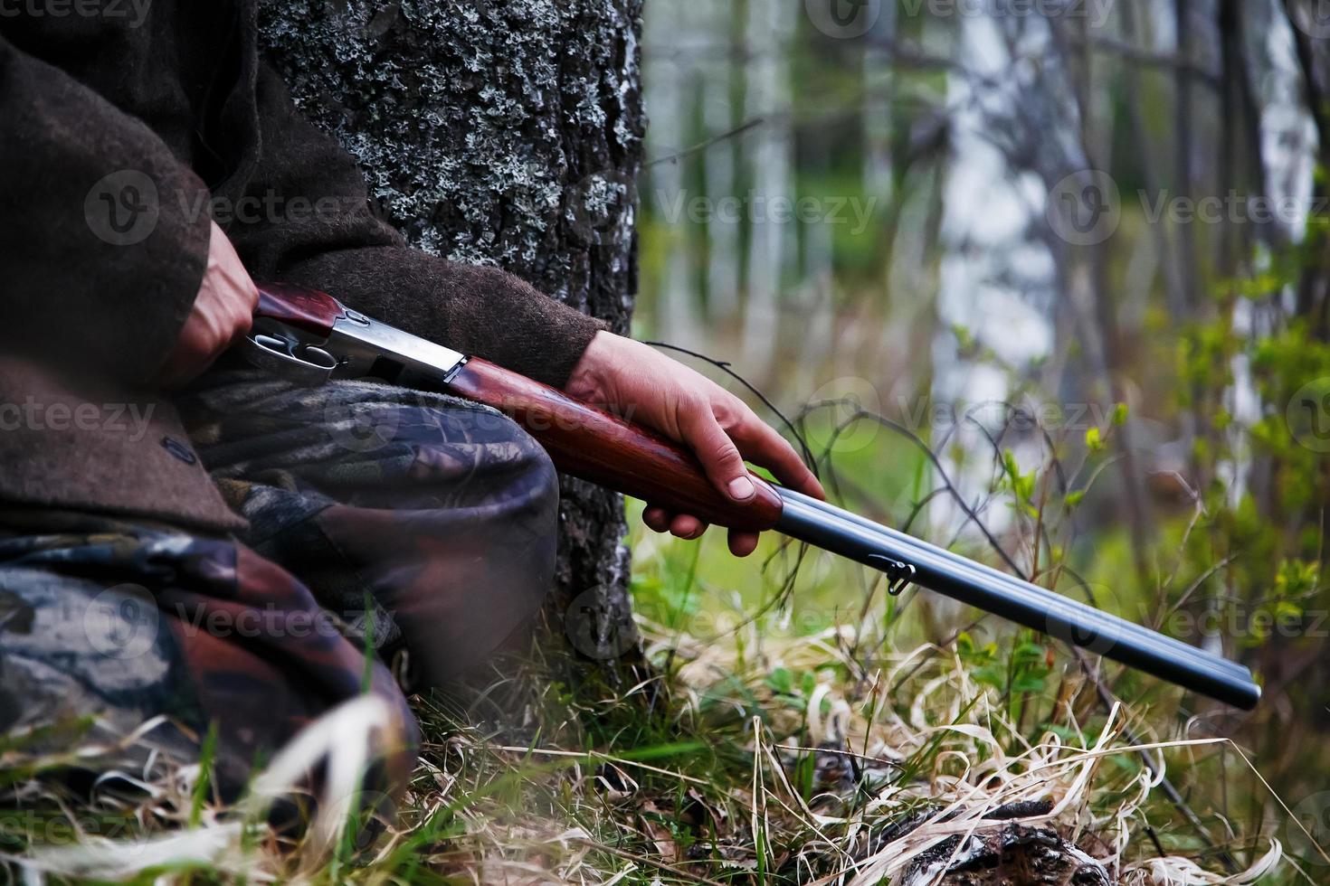 Shotgun close-up in the hands of a hunter sitting in wait. Waiting for game photo
