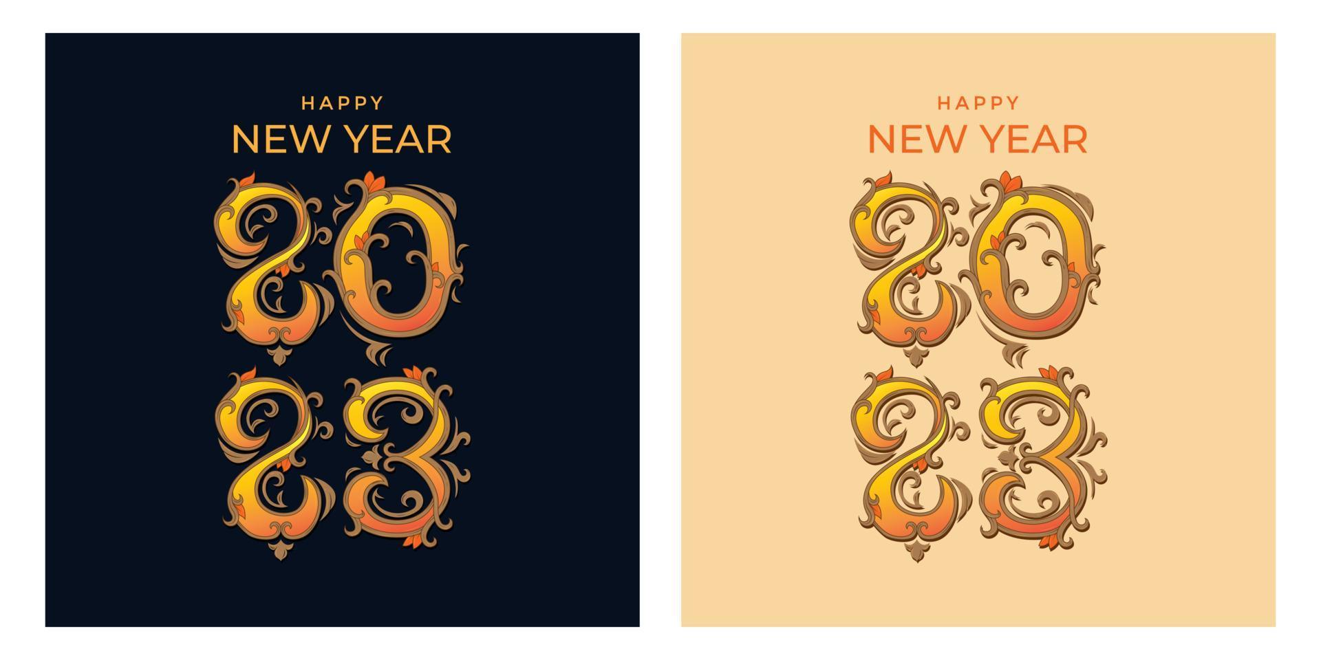 feliz año nuevo 2023 tipografía y letras a mano con diseño de adorno floral para publicación en redes sociales vector