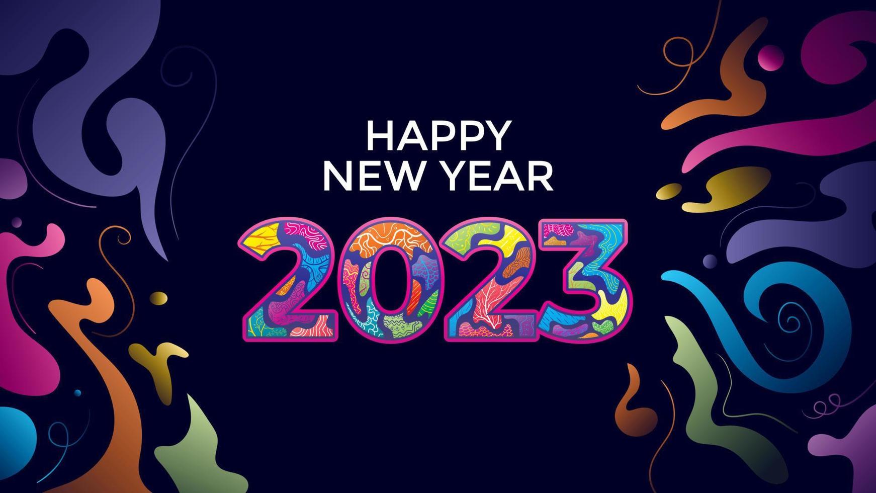 Fondo de feliz año nuevo 2023. banner de moda con pintura fluida colorida y arte de garabatos vector