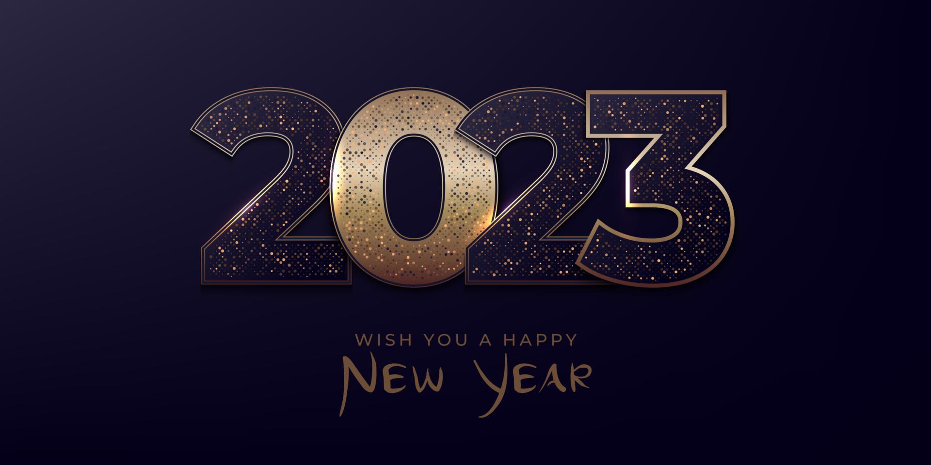 Happy New Year modern banner design with 2023 logo made of glittering black and gold numbers vector