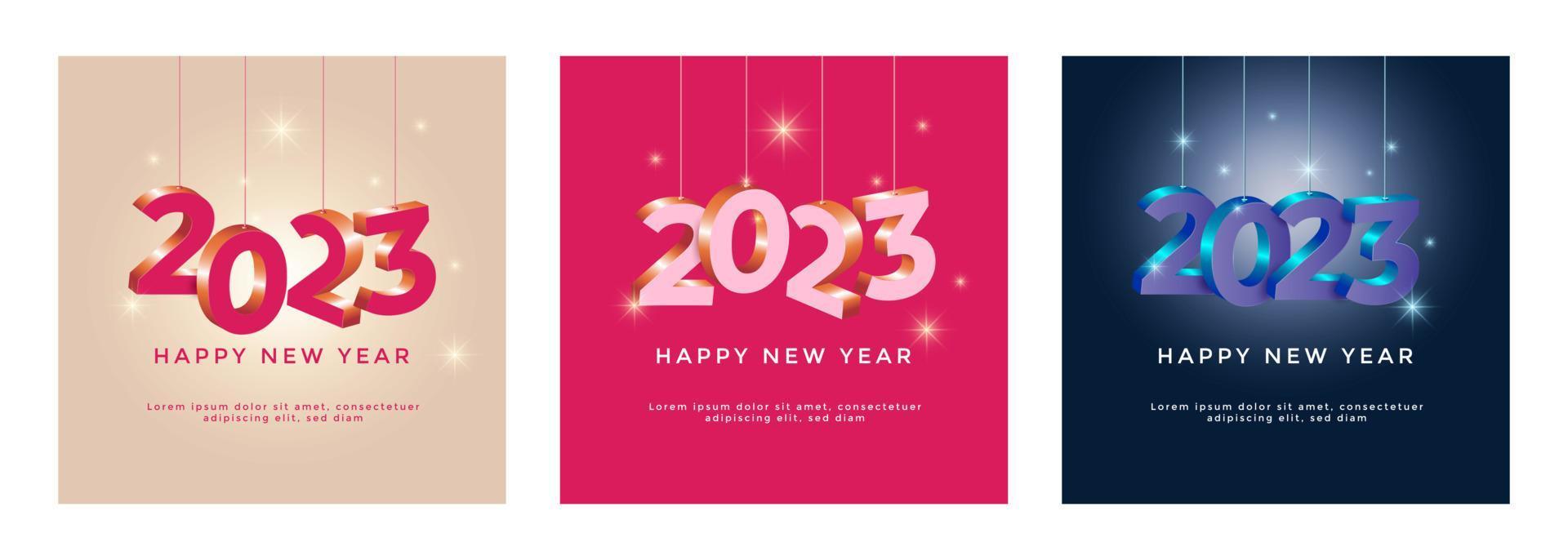 2023 New year celebration square template background with 3d hanging number and glowing stars vector