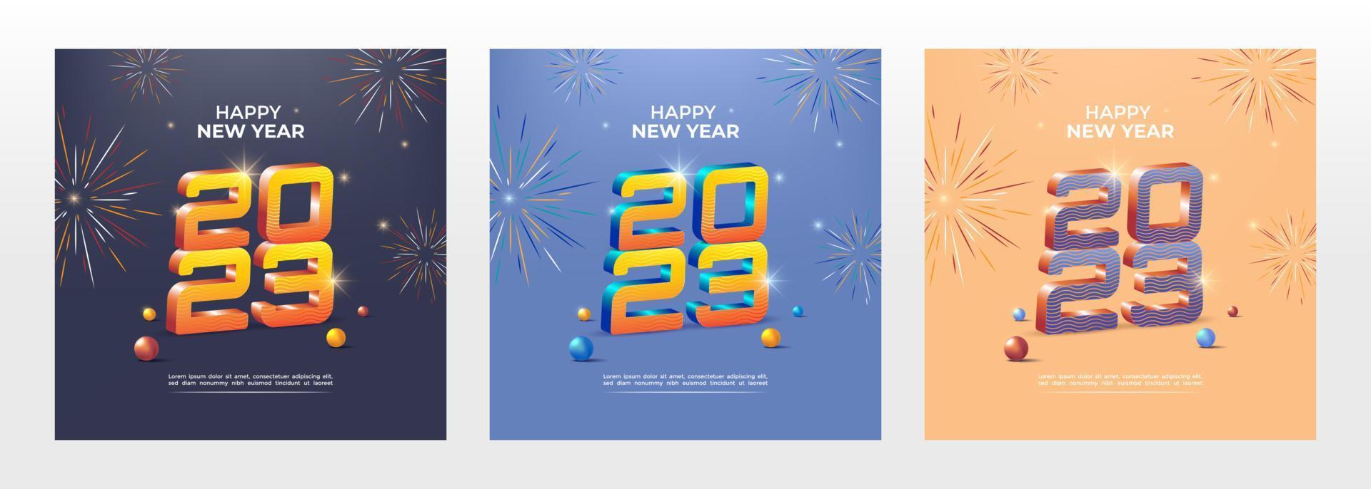 Plantilla de banner cuadrado de celebración de año nuevo 2023, con letras doradas en 3d y coloridos fuegos artificiales vector