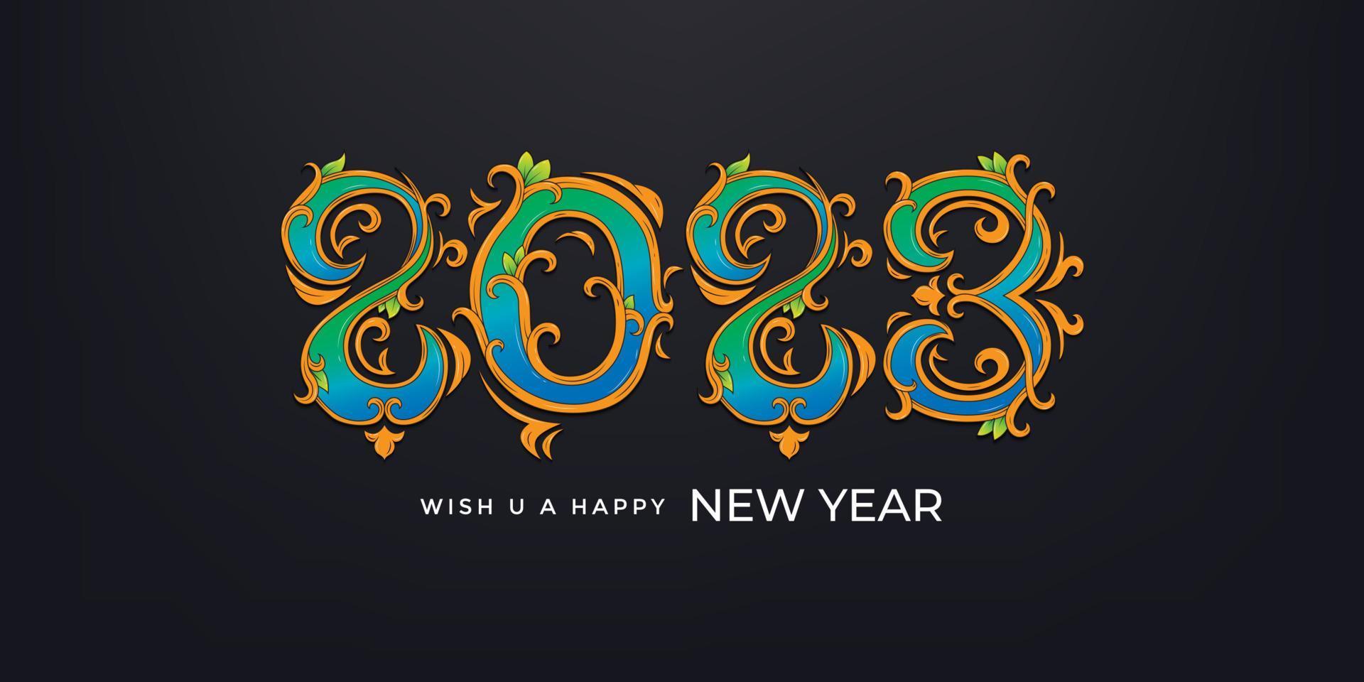 New year 2023 typography and hand lettering illustration with colorful floral ornament design vector