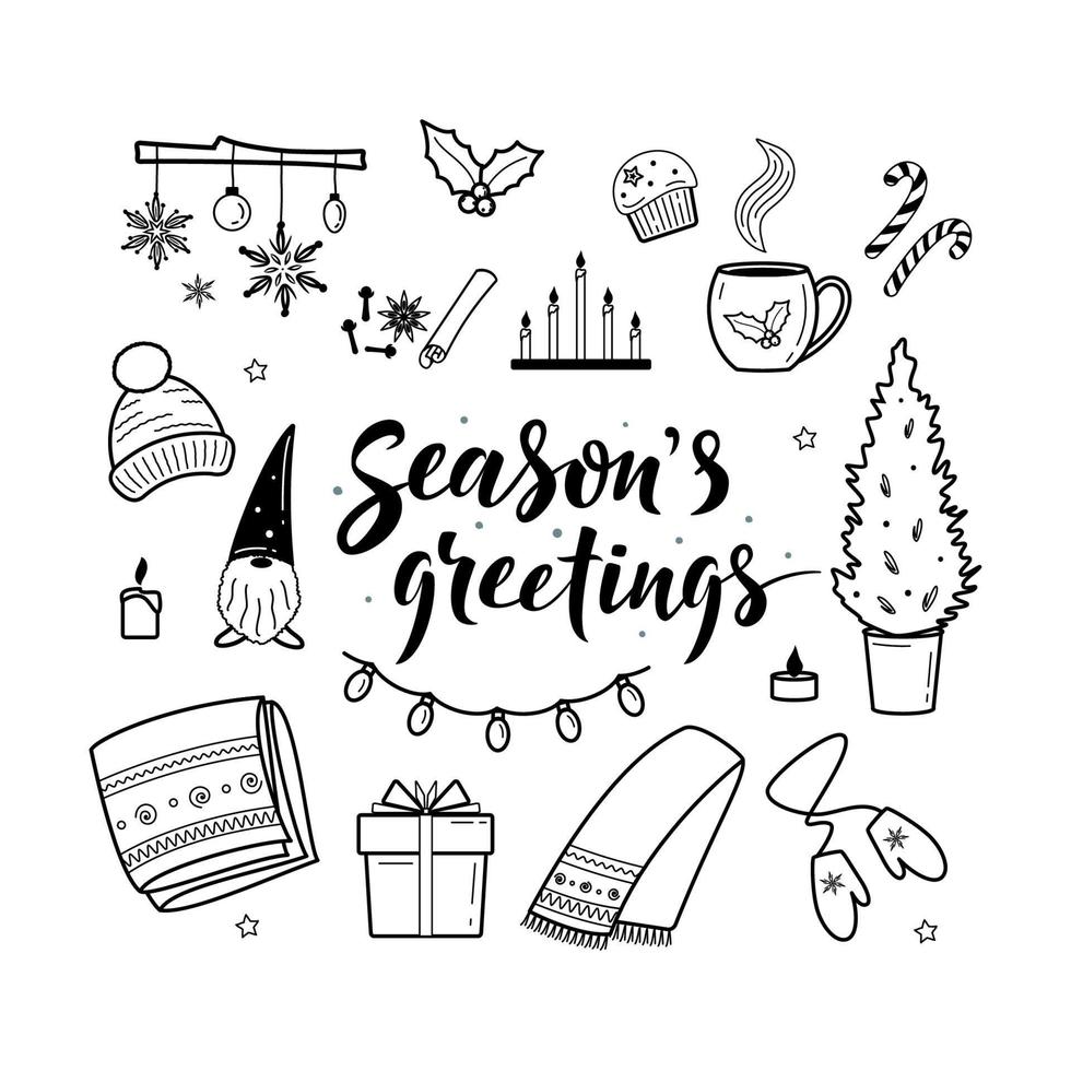 gran conjunto de elementos acogedores de estilo de vida hygge. Felices Fiestas. elementos de invierno para tarjetas de felicitación, carteles, pegatinas y diseño de temporada. aislado en blanco Decoraciones de navidad vector