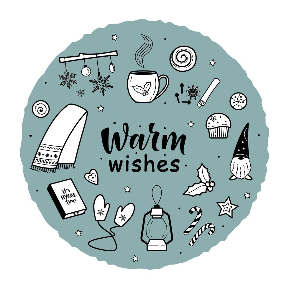 Warm wishes. Big set of hygge and christmas elements. Circle design. For greeting cards, posters, interior design, stickers and seasonal design. Winter Holiday vector