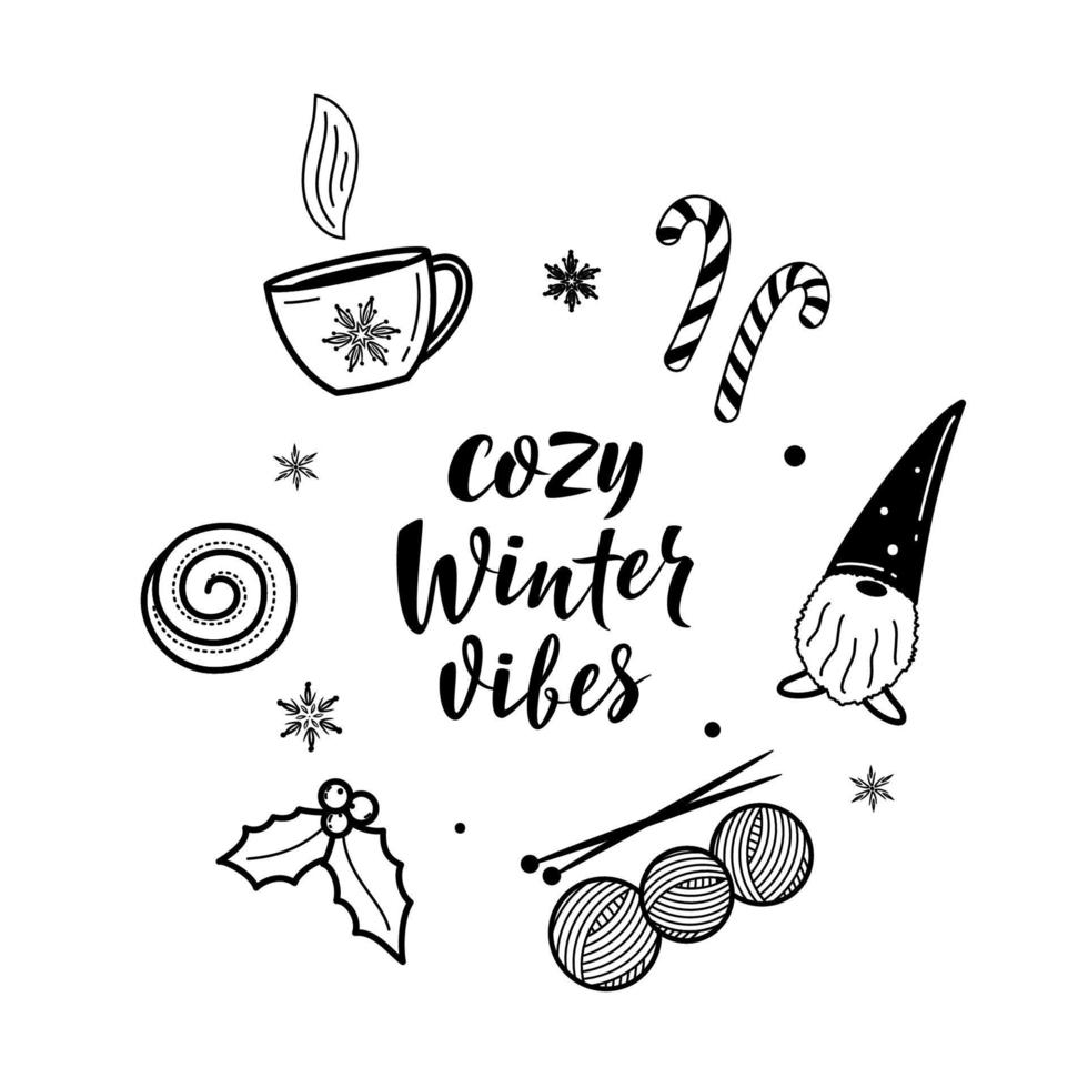 Set of hygge lifestyle cozy elements. Cozy winter vibes. Winter elements for greeting cards, posters, stickers and seasonal design. Isolated on white background. Christmas decorations vector