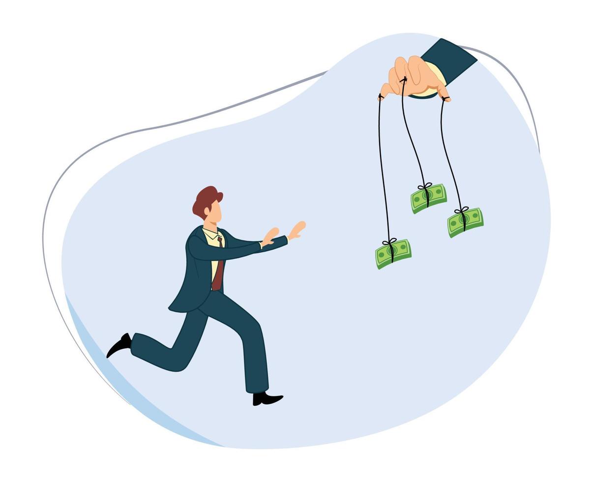 Businessman chasing dollar hanging on fishing hook and trying to catch it.  businessman played by money trap game. concept of people controlled by money.  money fishing 14997703 Vector Art at Vecteezy