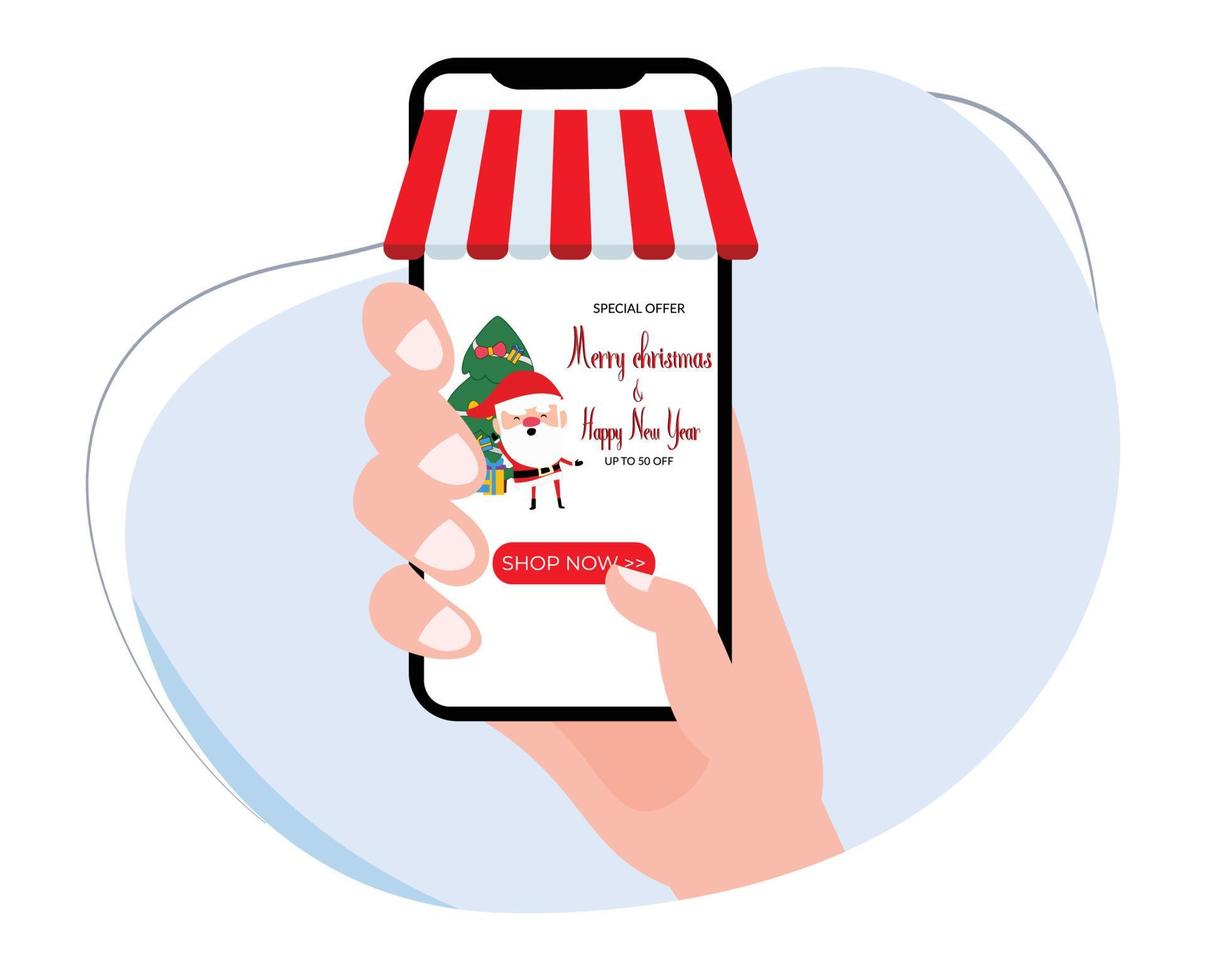 hand holding mobile phone with screen display of merry christmas and happy new year promotion banner. Christmas and New Year Sale. Flat design vector illustration