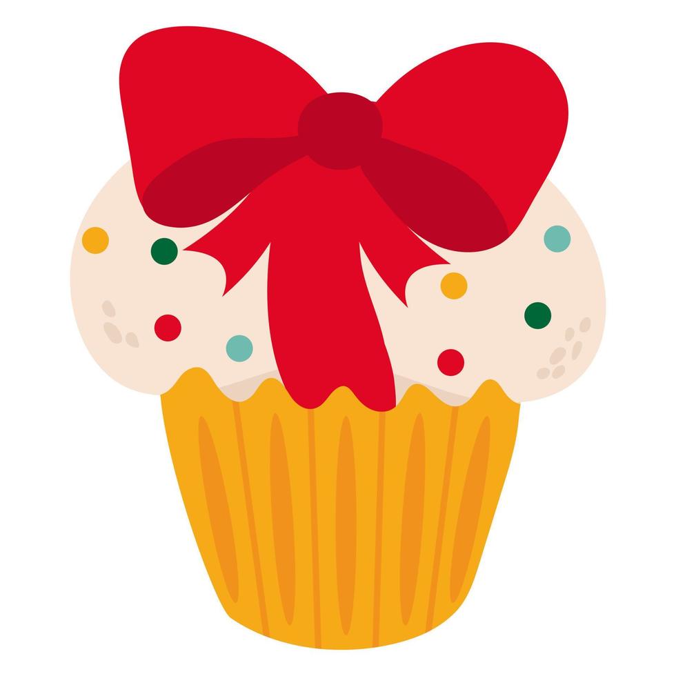Christmas cupcake with red bow. White background, isolate. Draw style. vector illustration.