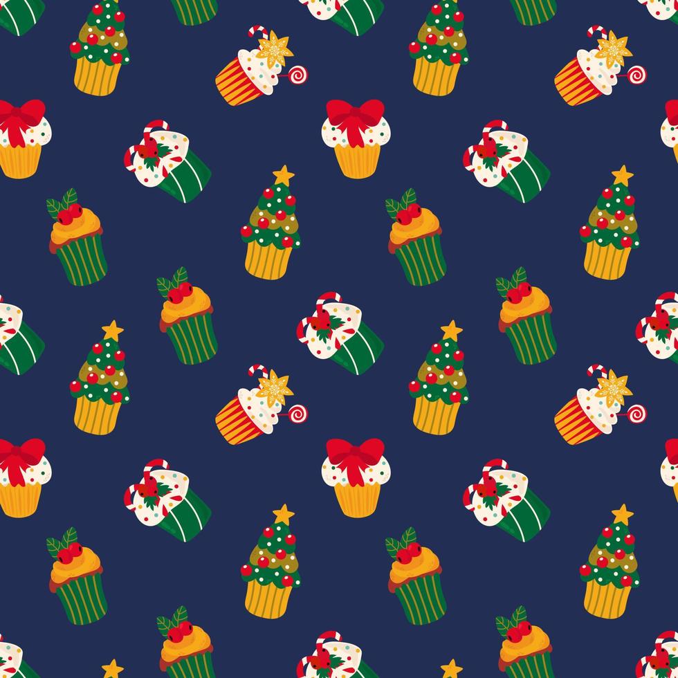 Seamless pattern with Christmas cupcakes. Design for fabric, textile, wallpaper, packaging, wrapping paper. vector