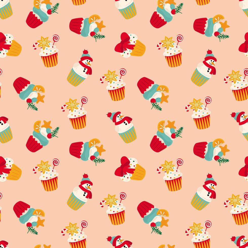 patrones sin fisuras con cupcakes de Navidad. diseño para tela, textil, papel pintado, embalaje, papel para envolver. vector