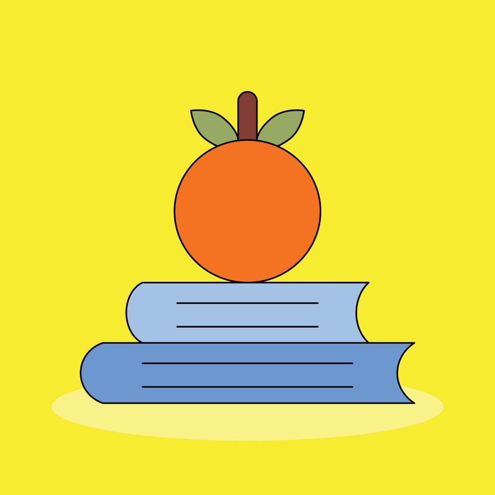 una naranja en libros aislados de fondo amarillo vector