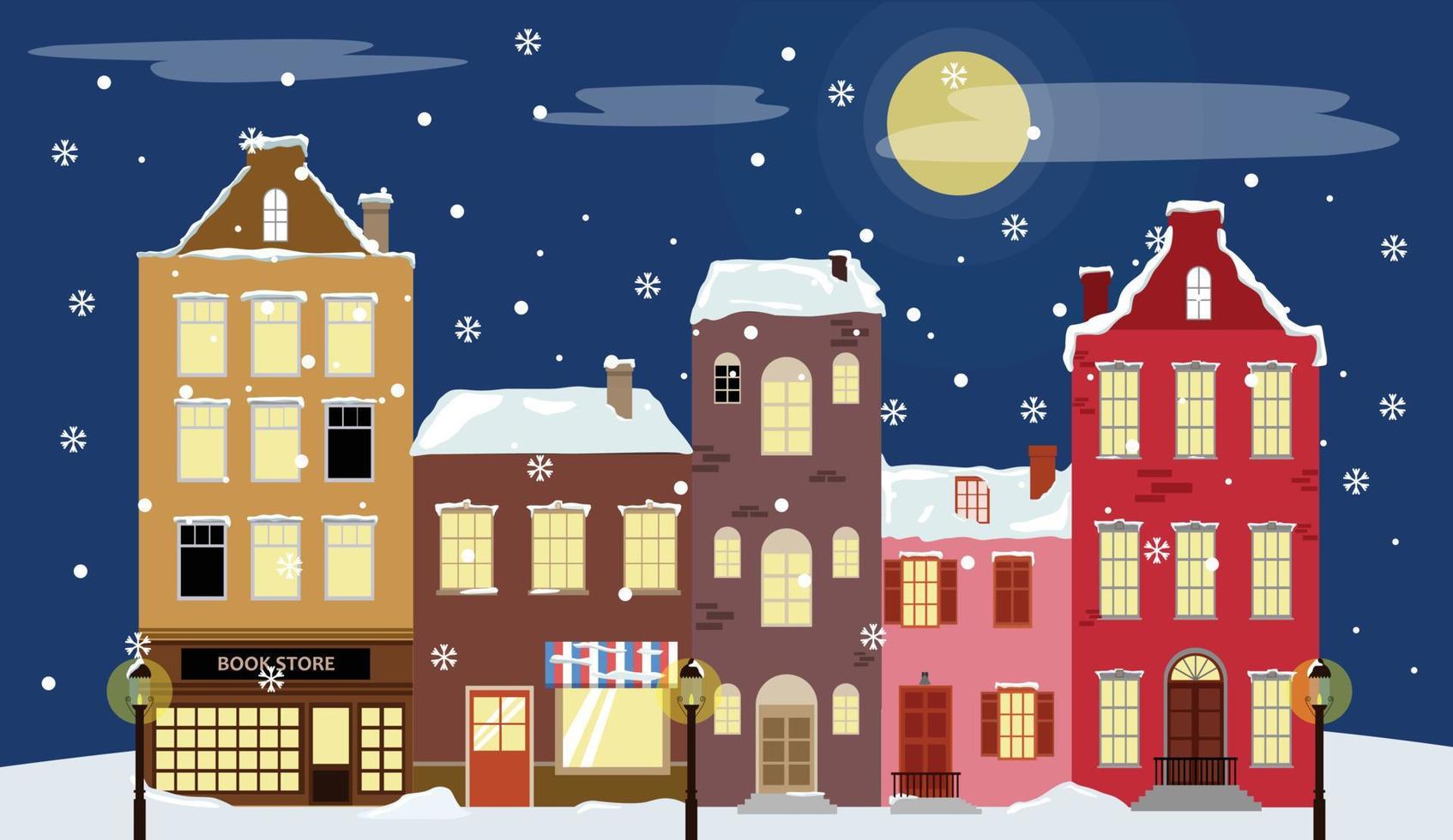 winter town in the night, winter town vector