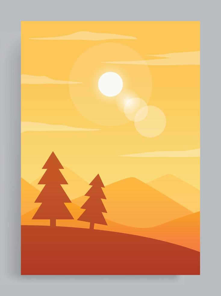 Vertical cover vector illustration. Sunset view on the pine tree mountains. For flyer, magazine, book cover, banner, invitation, poster.