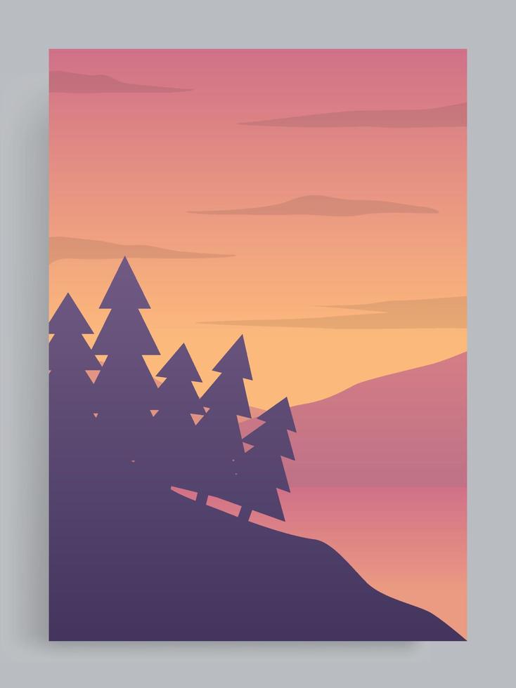 ilustración de vector de cubierta vertical. vista de la puesta de sol en el bosque de pinos con montañas y lago en el fondo. para volante, revista, portada de libro, pancarta, invitación, afiche.