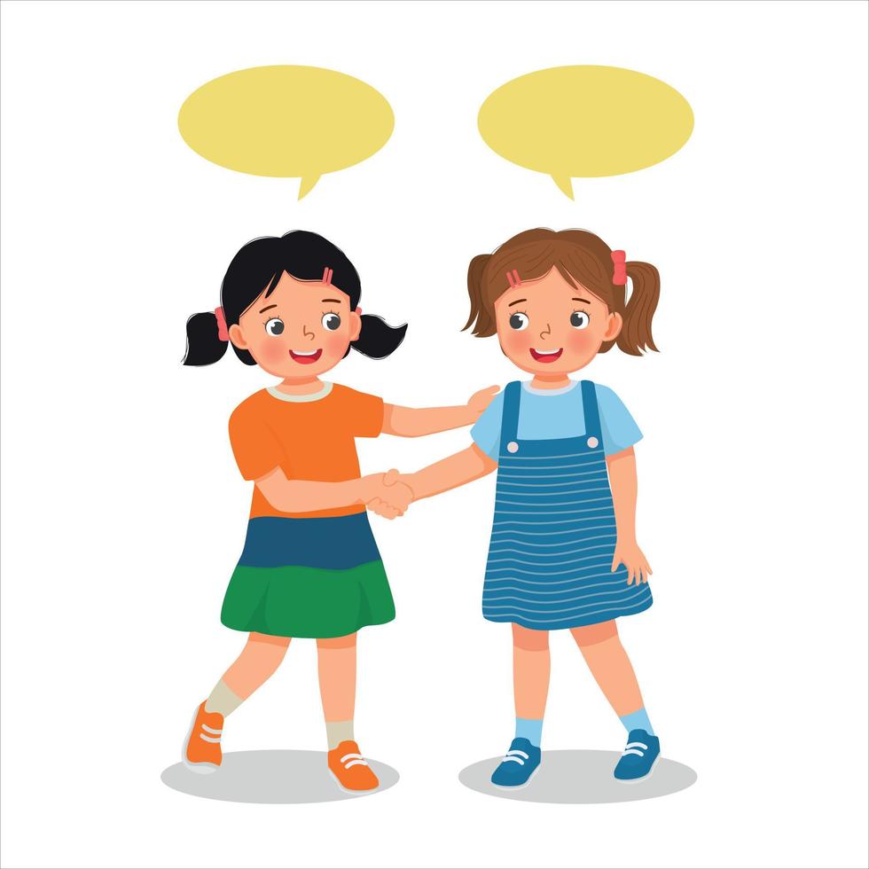 Two cute little girls shaking hands making introduction or congratulating to each others vector