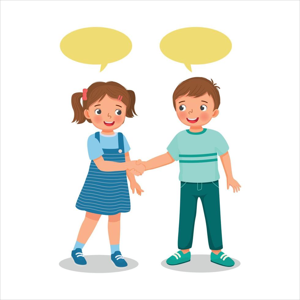 Two cute little kids boy and girl shaking hands making introduction or congratulating to each others vector