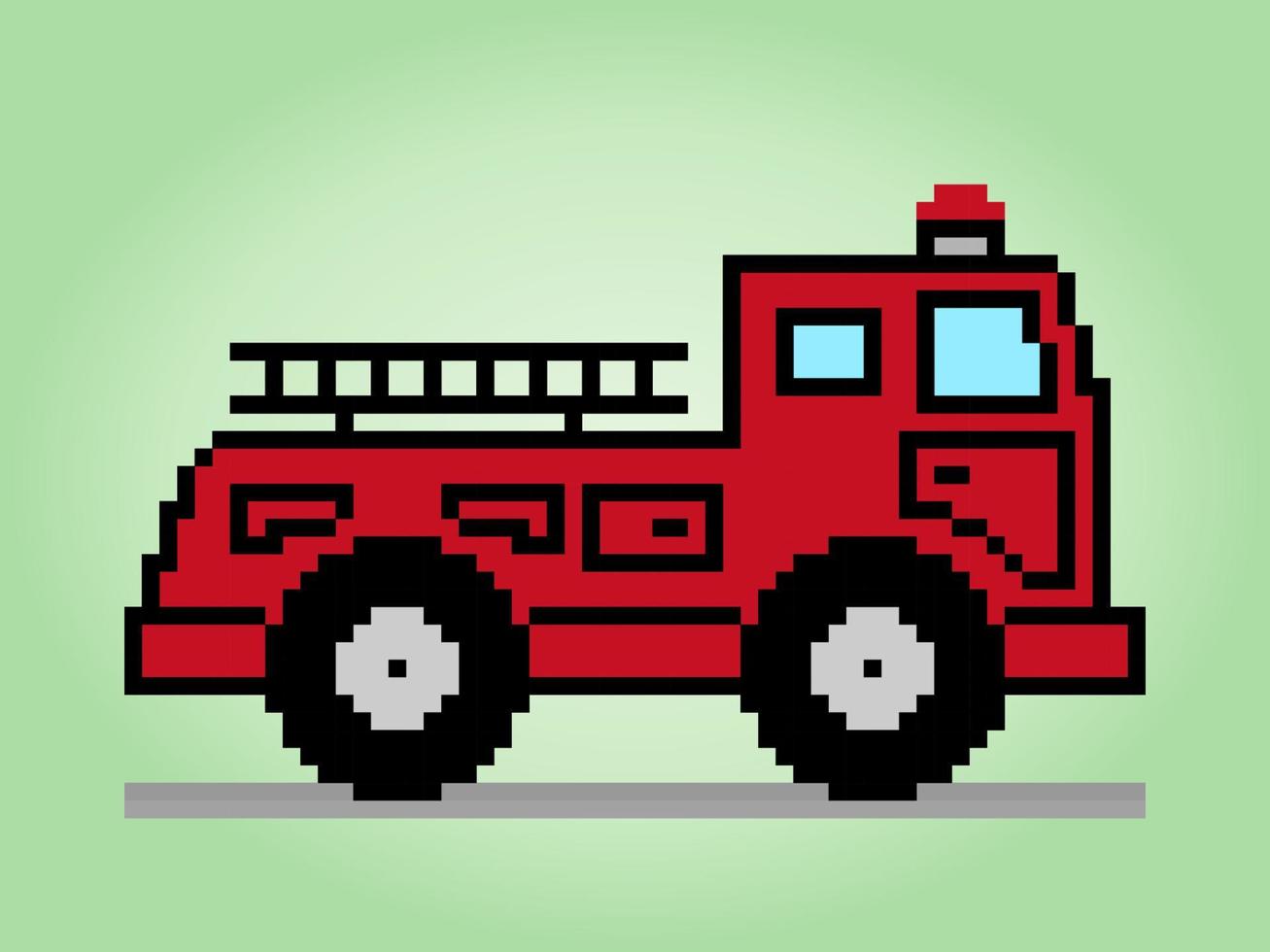 8-bit pixel fire truck image. Car in vector illustration of cross stitch pattern.