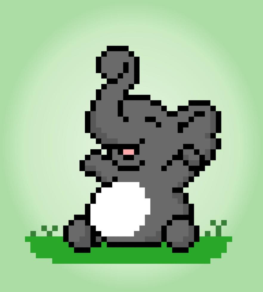 8 bit pixels elephant is sitting. Happy animals for game assets in vector illustrations.