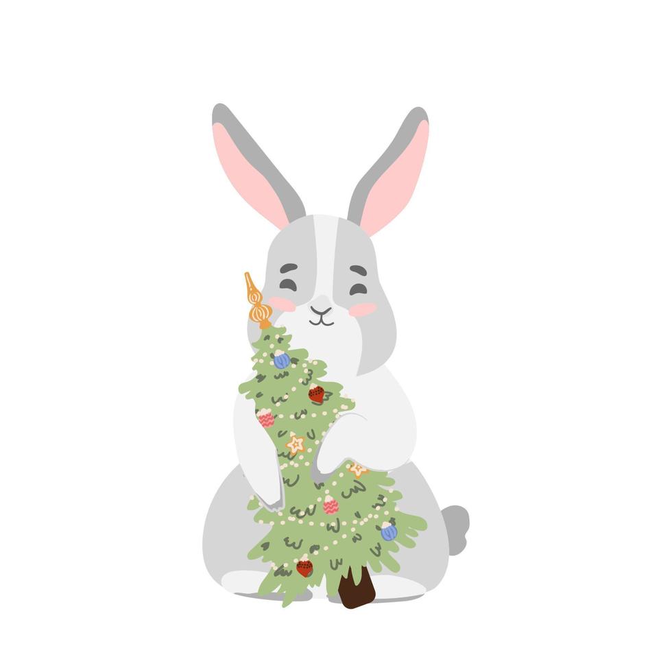Christmas Rabbit with christmas tree. Winter bunny, hare. Happy new year 2023. Chinese New Year of the rabbit. Isolated vector illustration for print, textile, pet icon, kids design