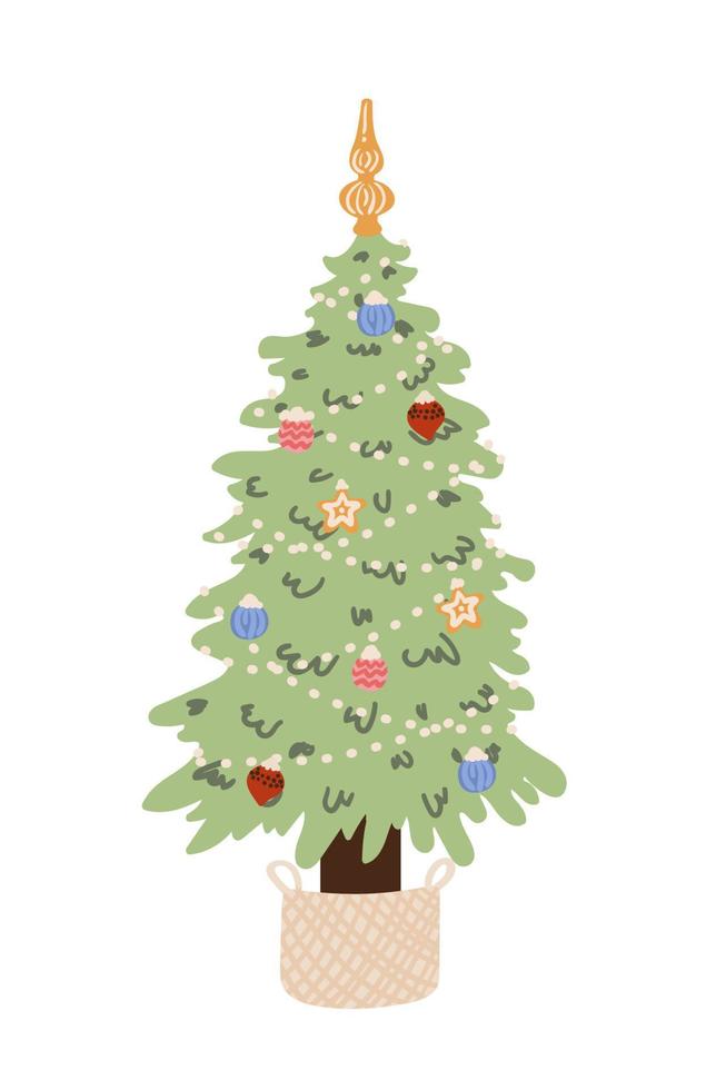 árbol brillante brillante de navidad con decoraciones y cajas de regalo. tarjeta de feliz navidad y feliz año nuevo. fondo de vacaciones. ilustración vectorial vector