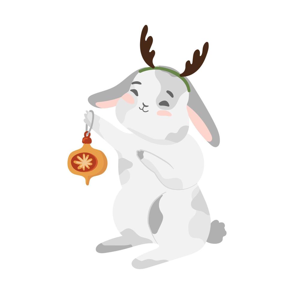 Rabbit with christmas decorations deer antler, bubble. Winter bunny, hare. Happy new year 2023. Chinese New Year of the rabbit. Isolated vector illustration for print, textile, pet icon, kids design