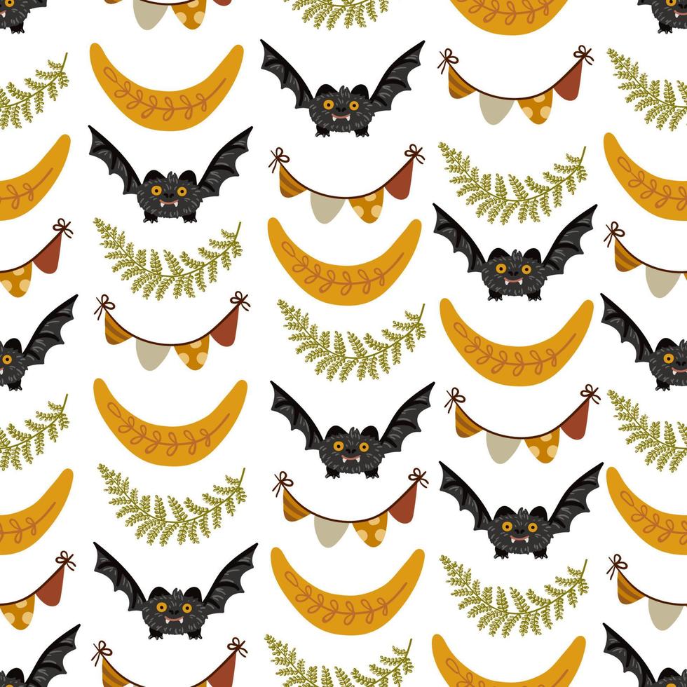 Halloween bunting, fern leaf, bat, moon vector seamless pattern. Halloween Flags Garland texture. Spooky Vector Funny Hand Drawn illustration