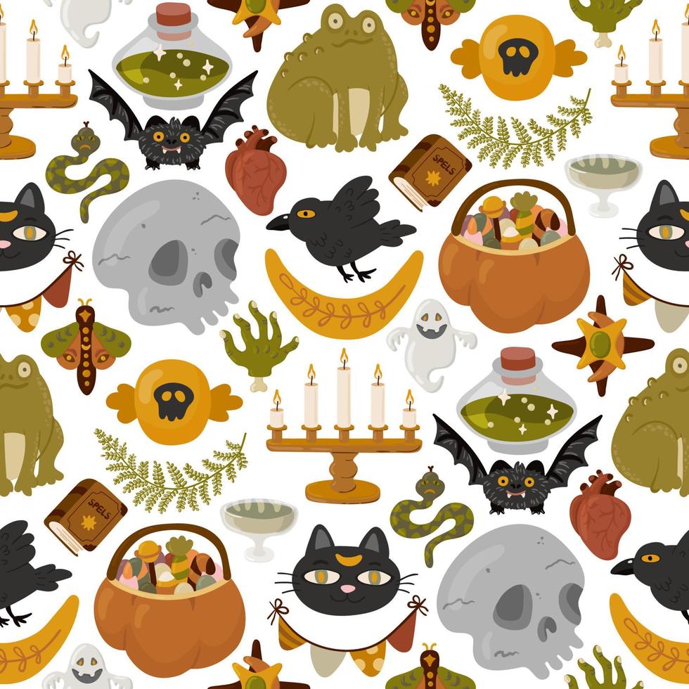 Halloween vector cartoon seamless pattern with pumpkin lantern, ghost, skull, spider, and other scary or festive elements . Mystical background for wallpaper, wrapping, packing, and backdrop.