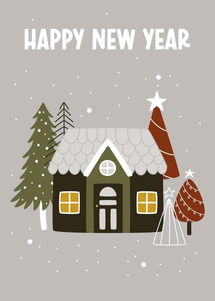 tarjeta de navidad con una casa y árboles de navidad para celebrar las vacaciones de año nuevo de invierno. ilustración vectorial con linda decoración callejera dibujada a mano para tarjetas de felicitación. vector